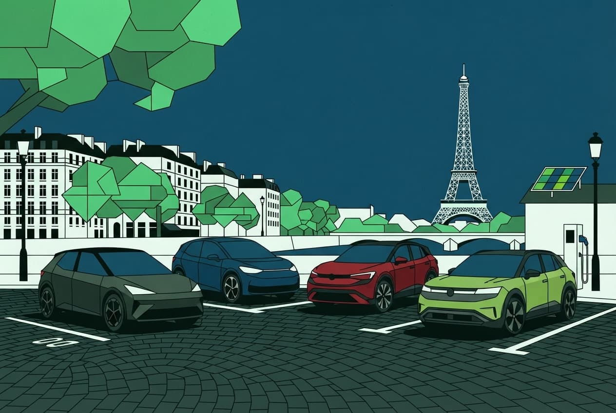 Flat illustration of Charging station, City skyline, Road markings, Street lamp, Solar panel