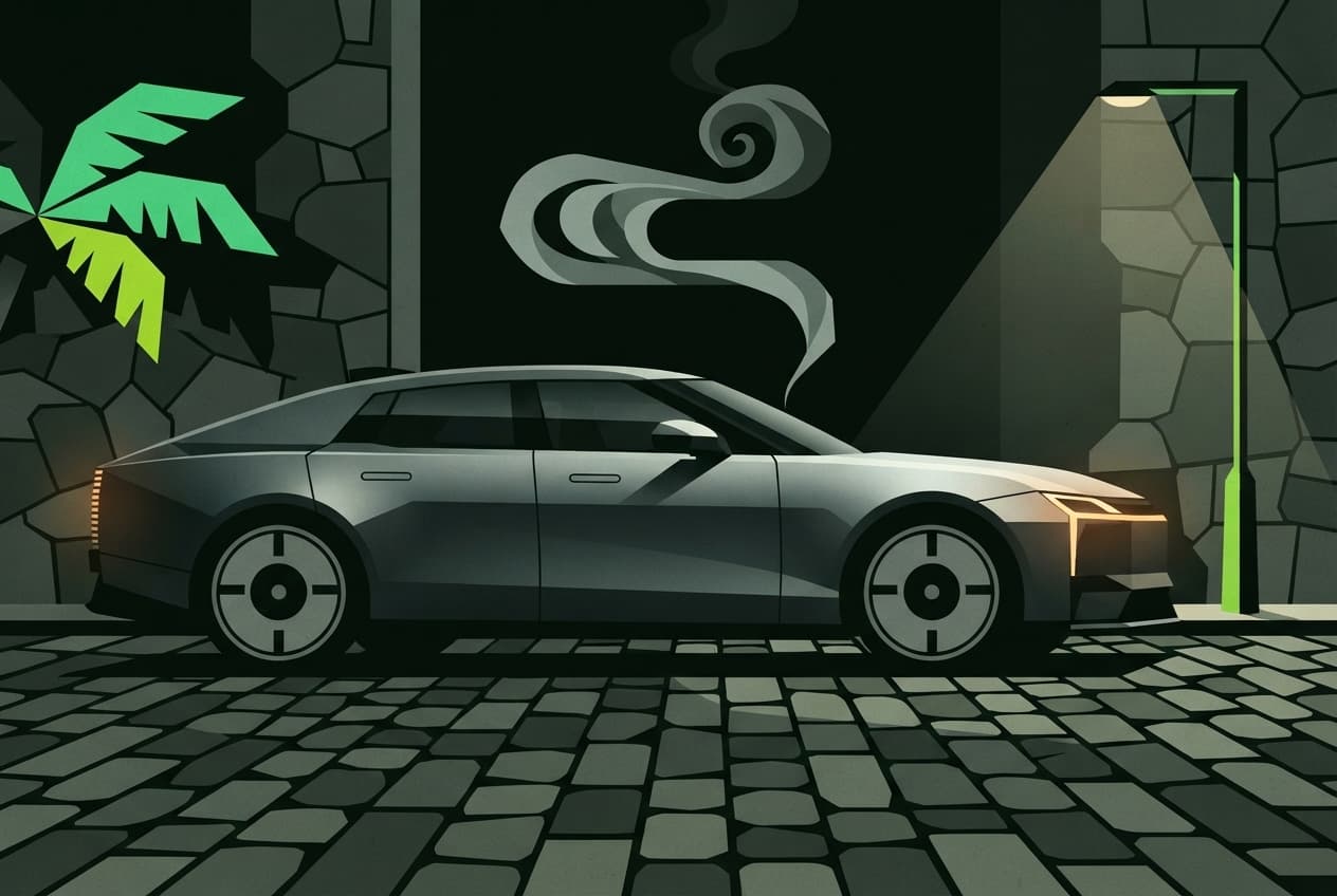 Flat illustration of Car, Streetlight, Building wall, Cobblestones, Palm fronds, Smoke plume