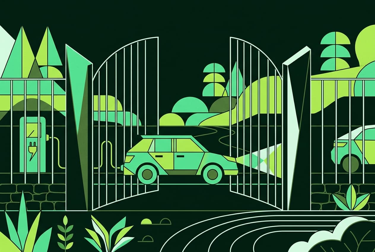 Flat illustration of an electric vehicle passing through an open customs gate.