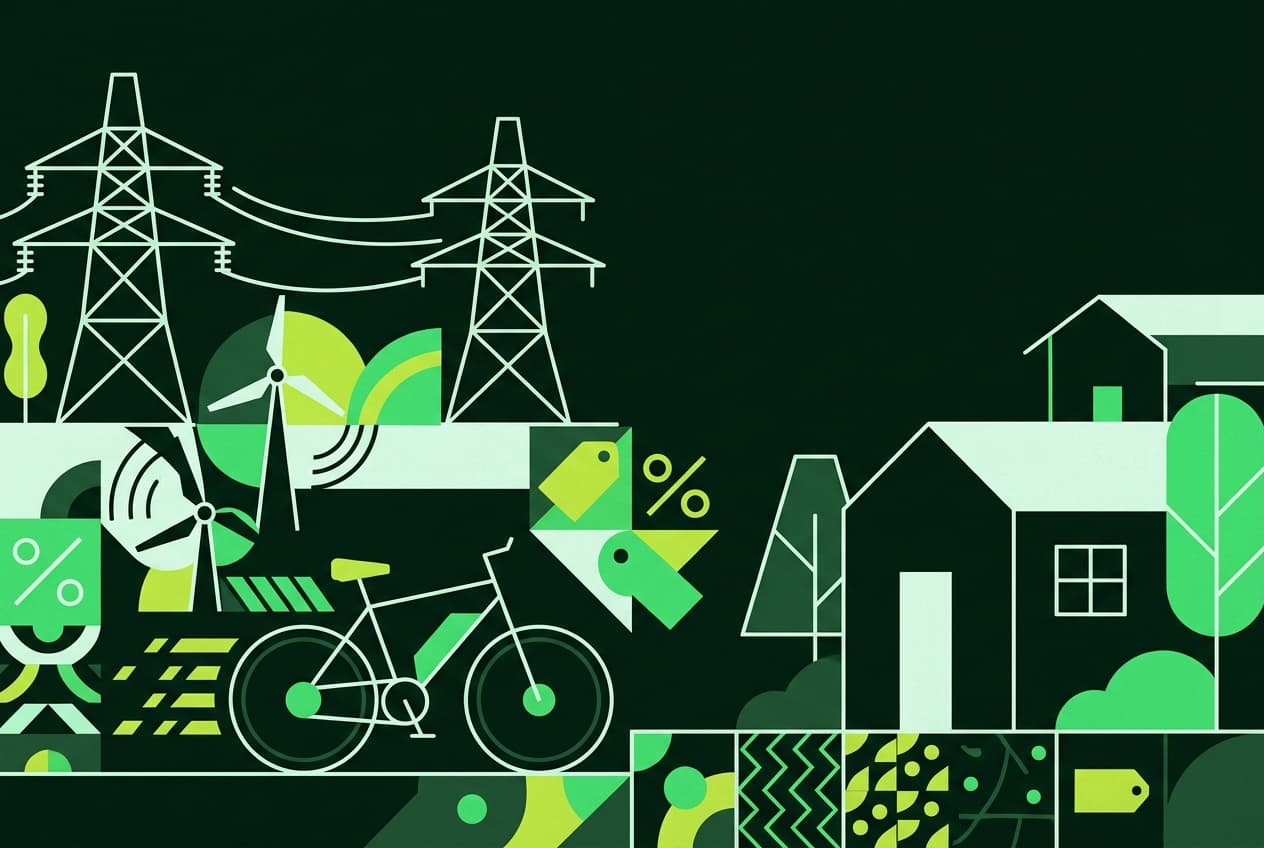 Flat illustration of a portable power station and an e-bike with sale tags and a house icon.