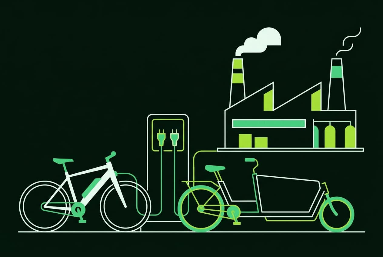 Flat illustration of an electric bicycle and a cargo bicycle parked near a factory with a charging station.