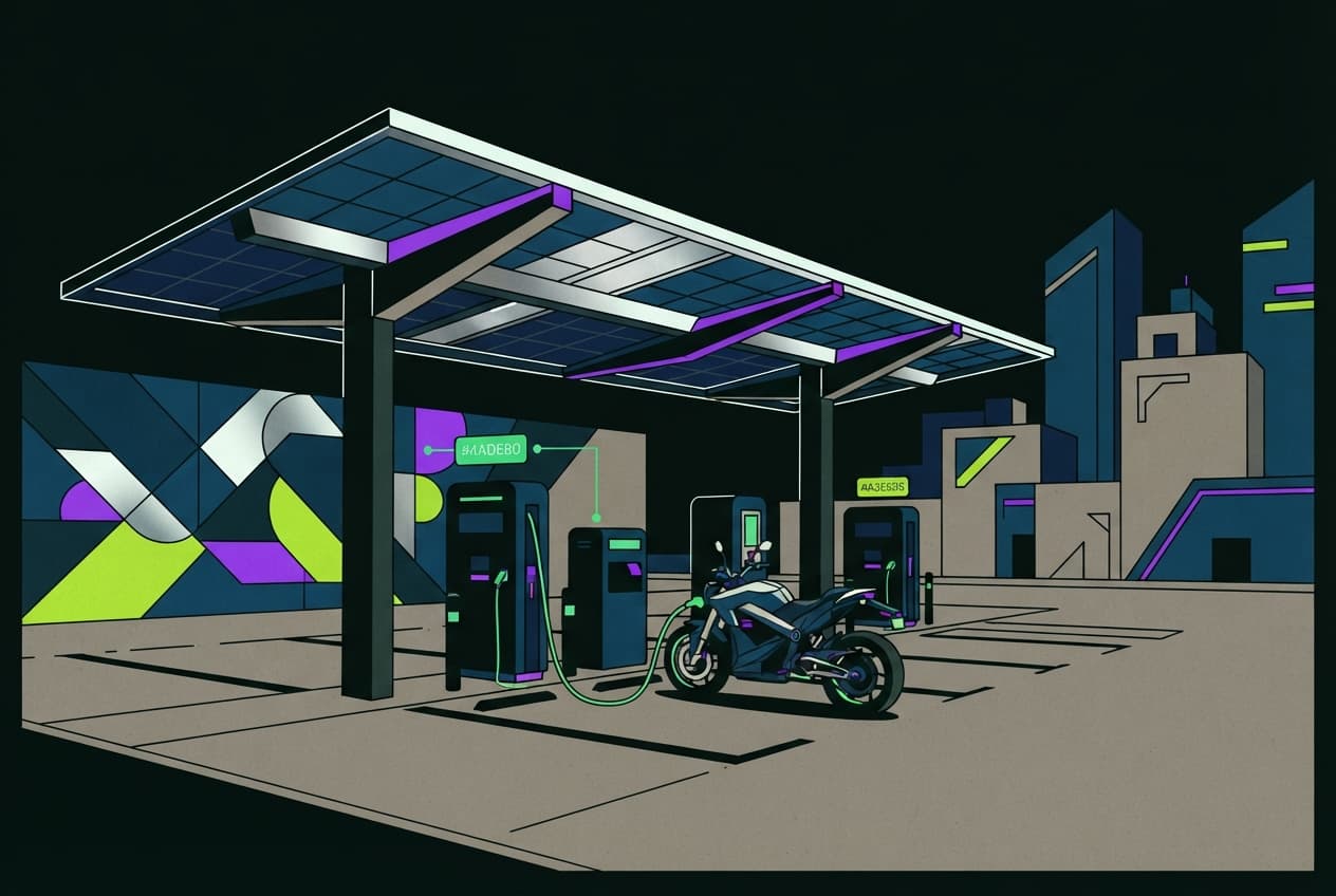 Flat illustration of Electric motorcycle, Charging station, Solar canopy, Geometric mural, Urban skyline