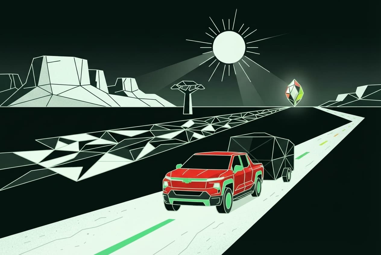 Flat illustration of Baobab tree, Horizon, Geometric pattern, Sun, Dirt road, Gemstone