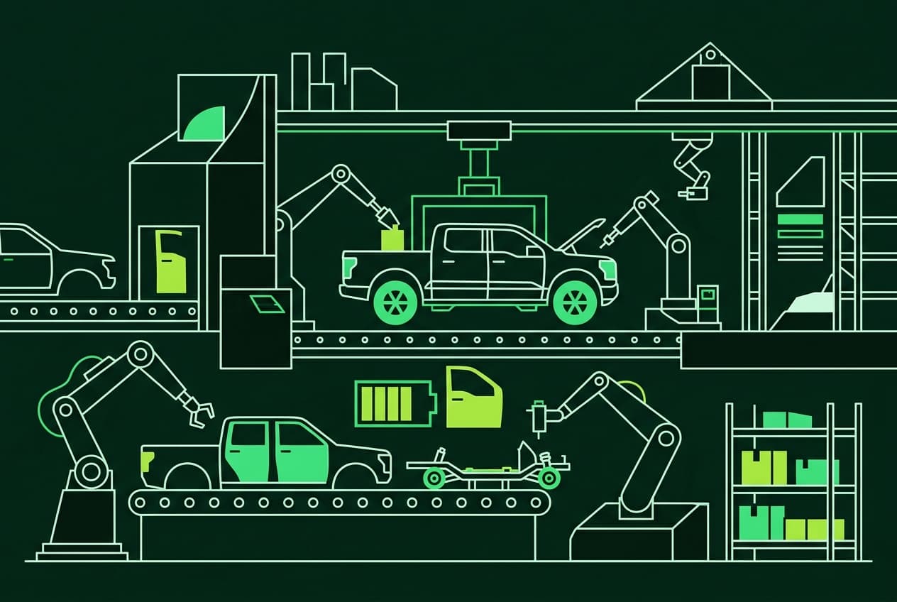 Flat illustration of an EV pickup, a manufacturing system, and an assembly plant.