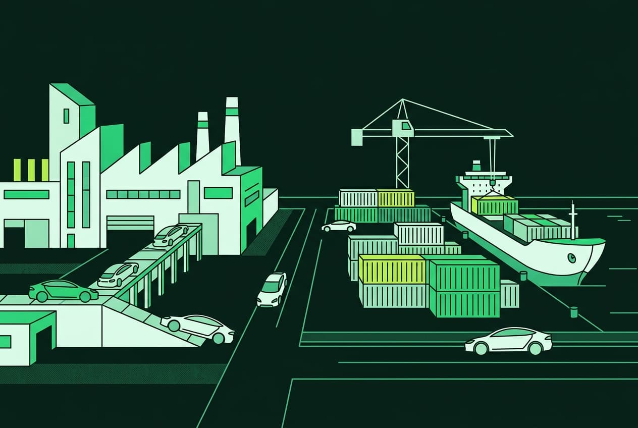 Flat illustration of a factory with electric cars being loaded onto shipping containers at a port.