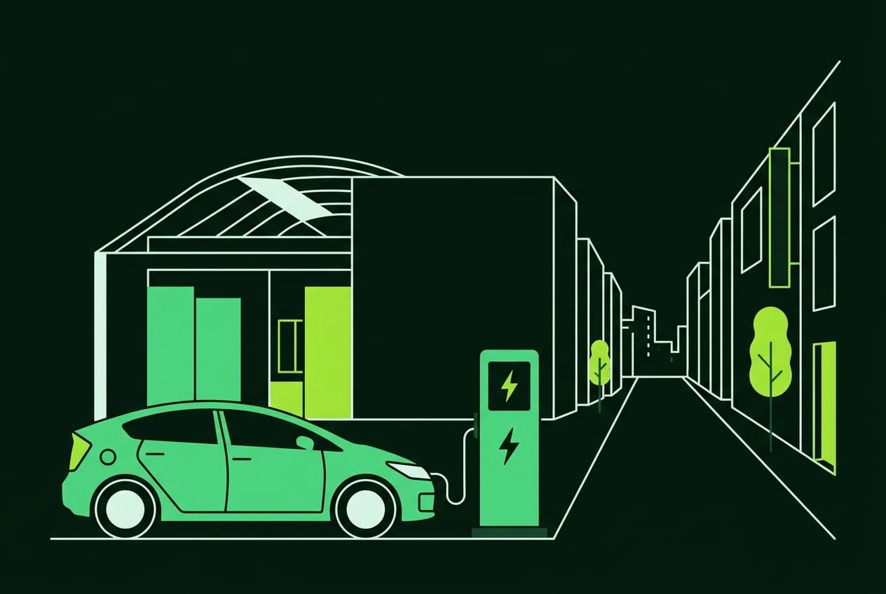 Flat illustration of an electric car parked at a charging station in front of an exhibition hall, with a city street in the background.