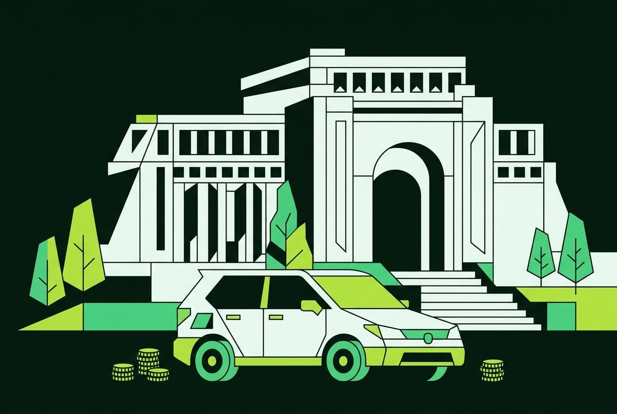 Flat illustration of an electric car and a used car parked in front of a government building with money symbols floating around.