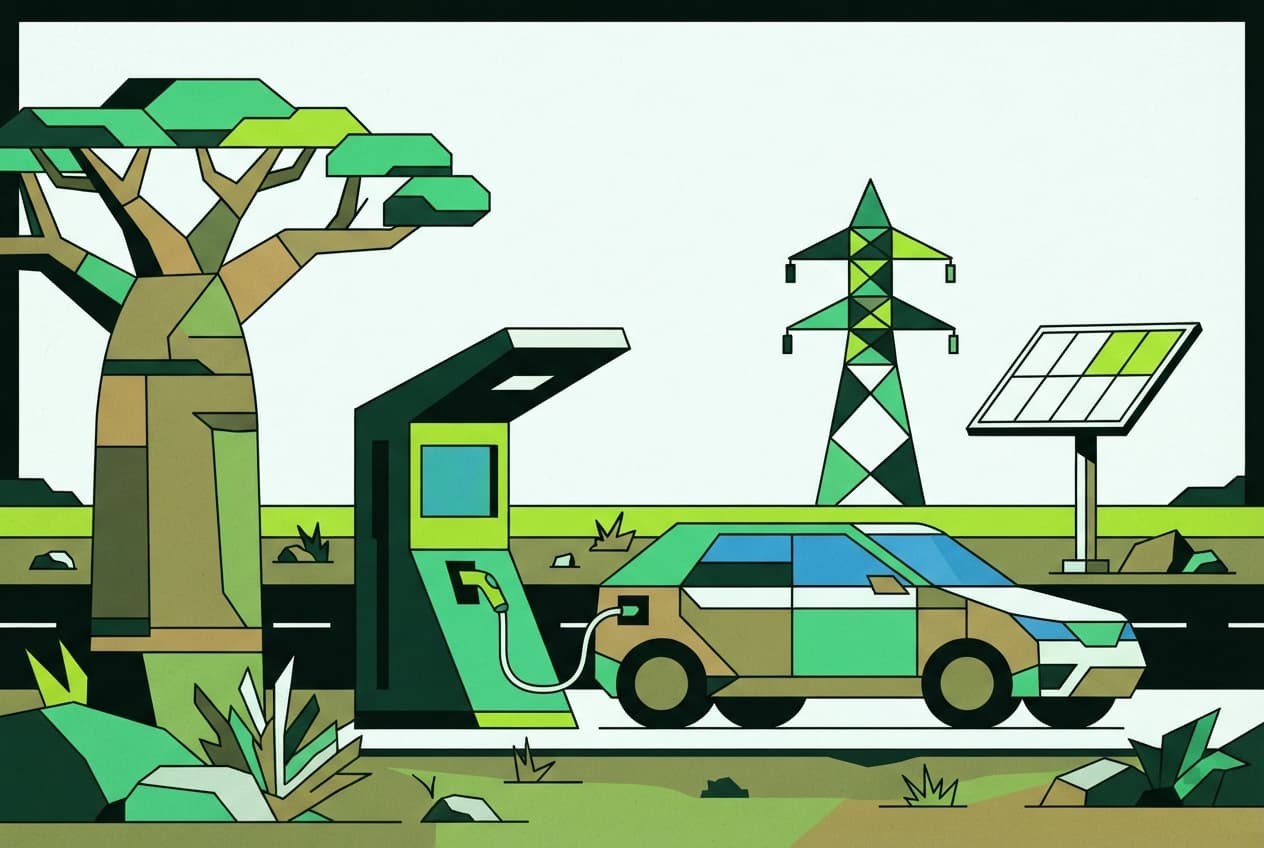 Flat illustration of Electric car, Charging station, Solar panel, Baobab tree, Power pylon