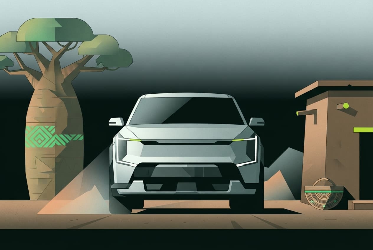 Flat illustration of Electric vehicle, baobab tree, clay dwelling, woven basket, dust cloud