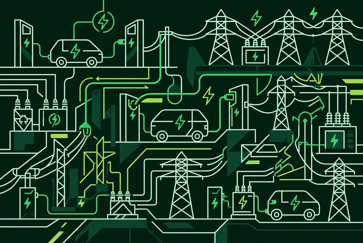 Flat illustration of electric vehicles at charging stations with a strained power grid in the background.
