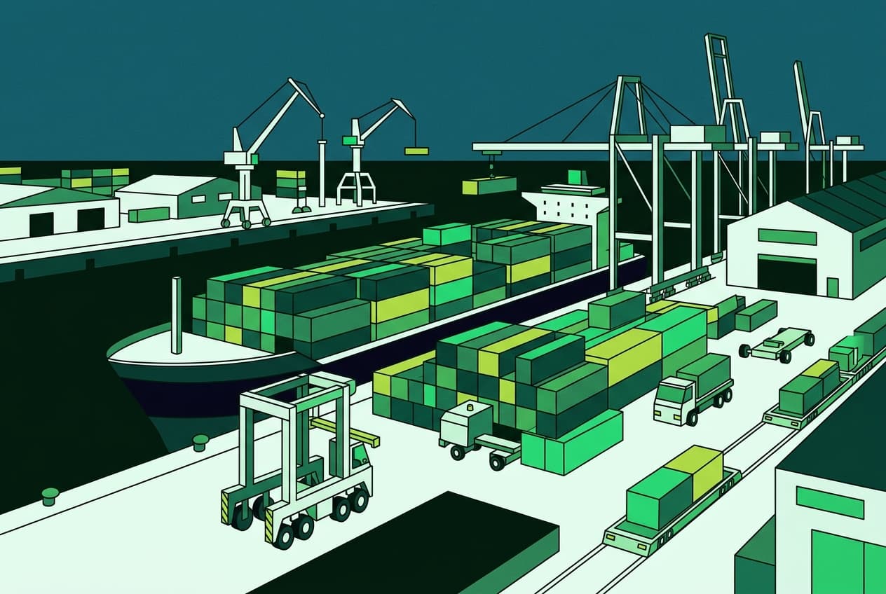 Flat illustration of vehicles being loaded onto cargo ships at a port.