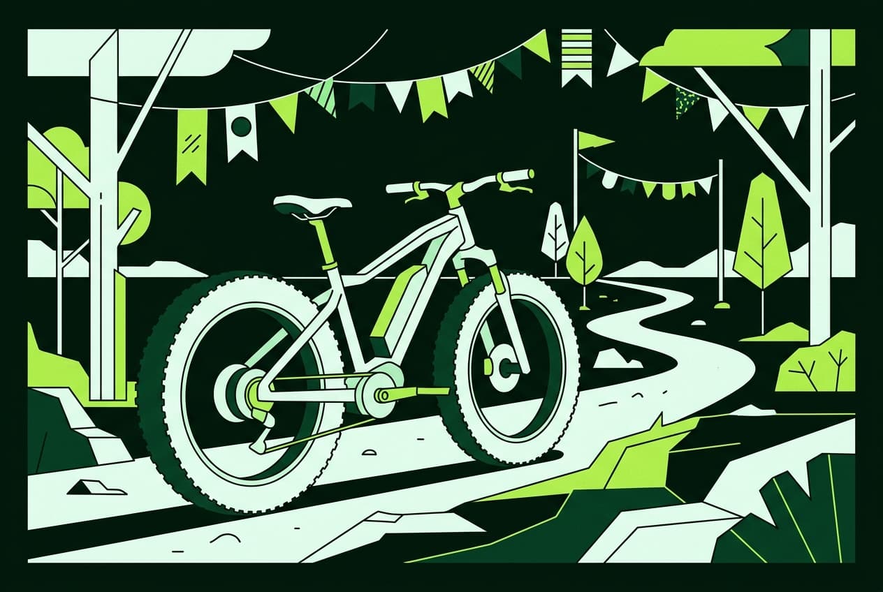 Flat illustration of an electric bicycle with fat tires on an off-road trail during a sales event.