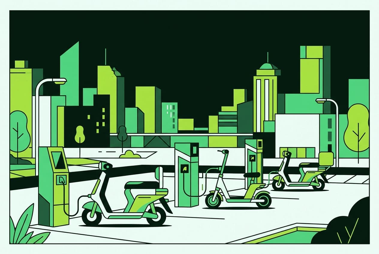 Flat illustration of electric scooters parked near charging stations with a city skyline in the background.