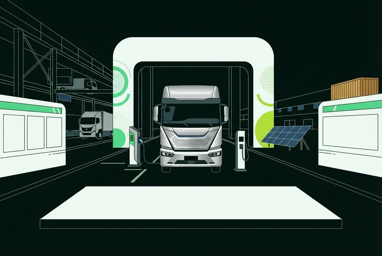 Flat illustration of Electric truck, Charging station, Solar panels, Shipping container, Industrial building
