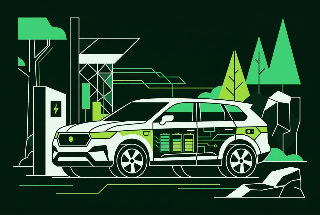 Flat illustration of a luxury hybrid SUV with its internal components visible, including an electric motor, gasoline engine, fuel tank, and charging port.
