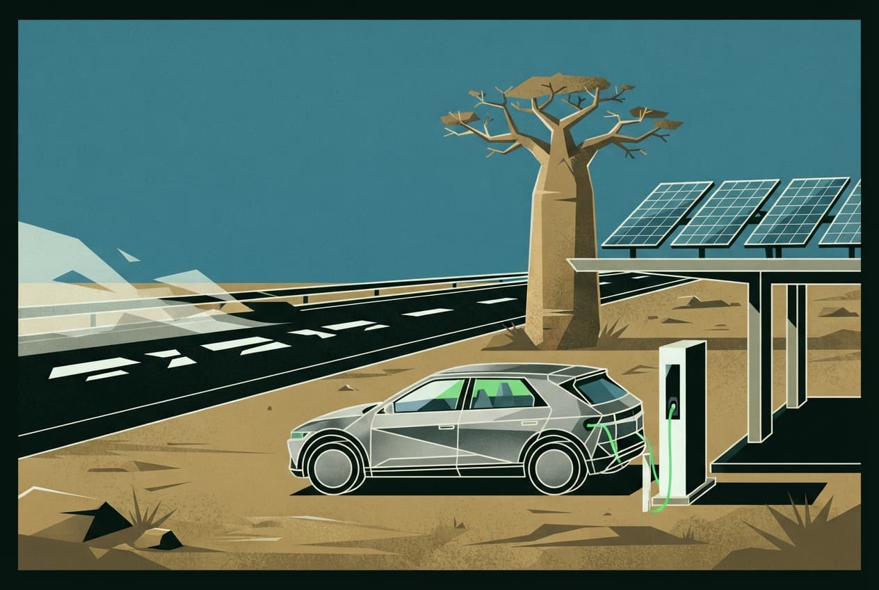 Flat illustration of Electric vehicle, charging station, highway, baobab tree, solar panel, dust