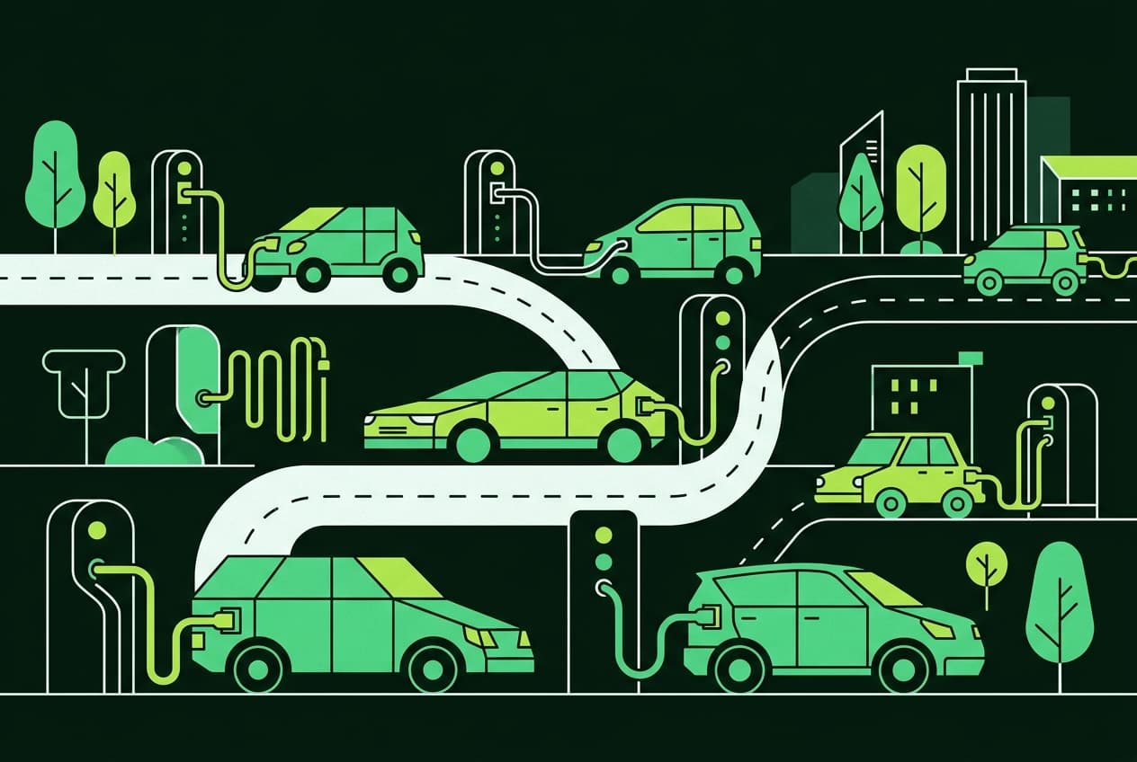 Flat illustration of electric vehicles plugged into charging stations along a road, representing charging infrastructure.