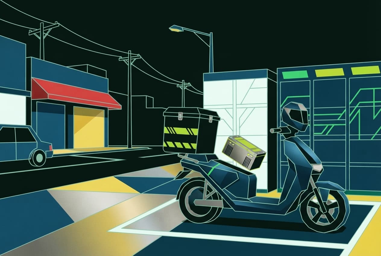 Flat illustration of Motorcycle, battery, kiosk, power lines, street lamp