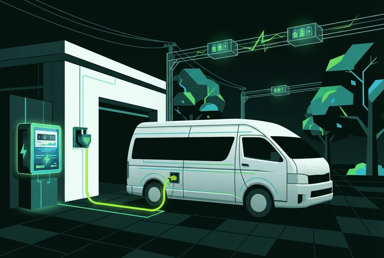 Flat illustration of bus, charging cable, power plug, battery, electricity meter, power lines