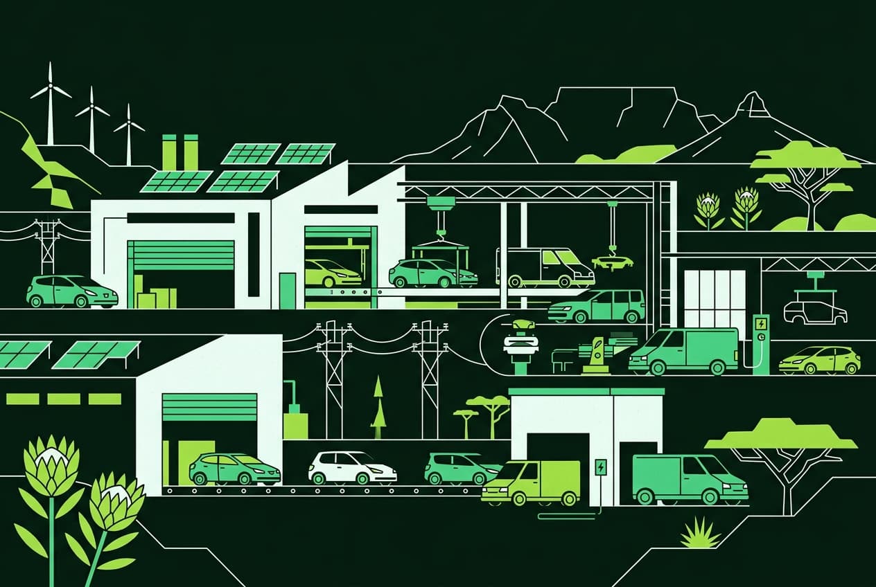 Flat illustration of a factory in South Africa producing electric vehicles.