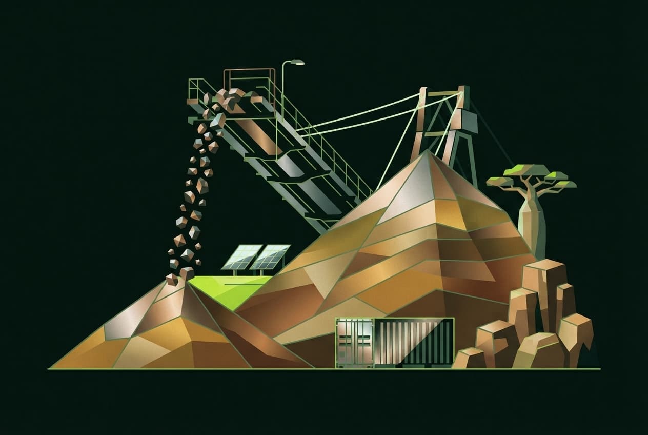Flat illustration of ore, solar panel, shipping container, baobab tree, rock formations
