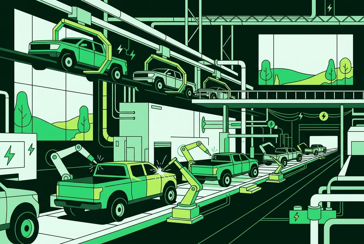 Flat illustration of an electric pickup truck parked outside an assembly plant in Kentucky.