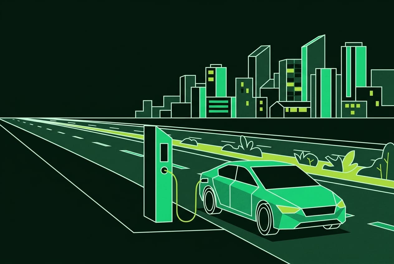 Flat illustration of an electric car plugged into a charging station on a highway with a city skyline in the background.